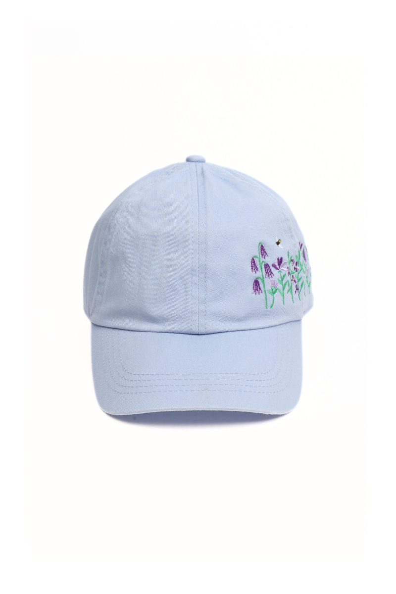 FLOWERS with Bee Side Embroidered Baseball Cap: Light Blue