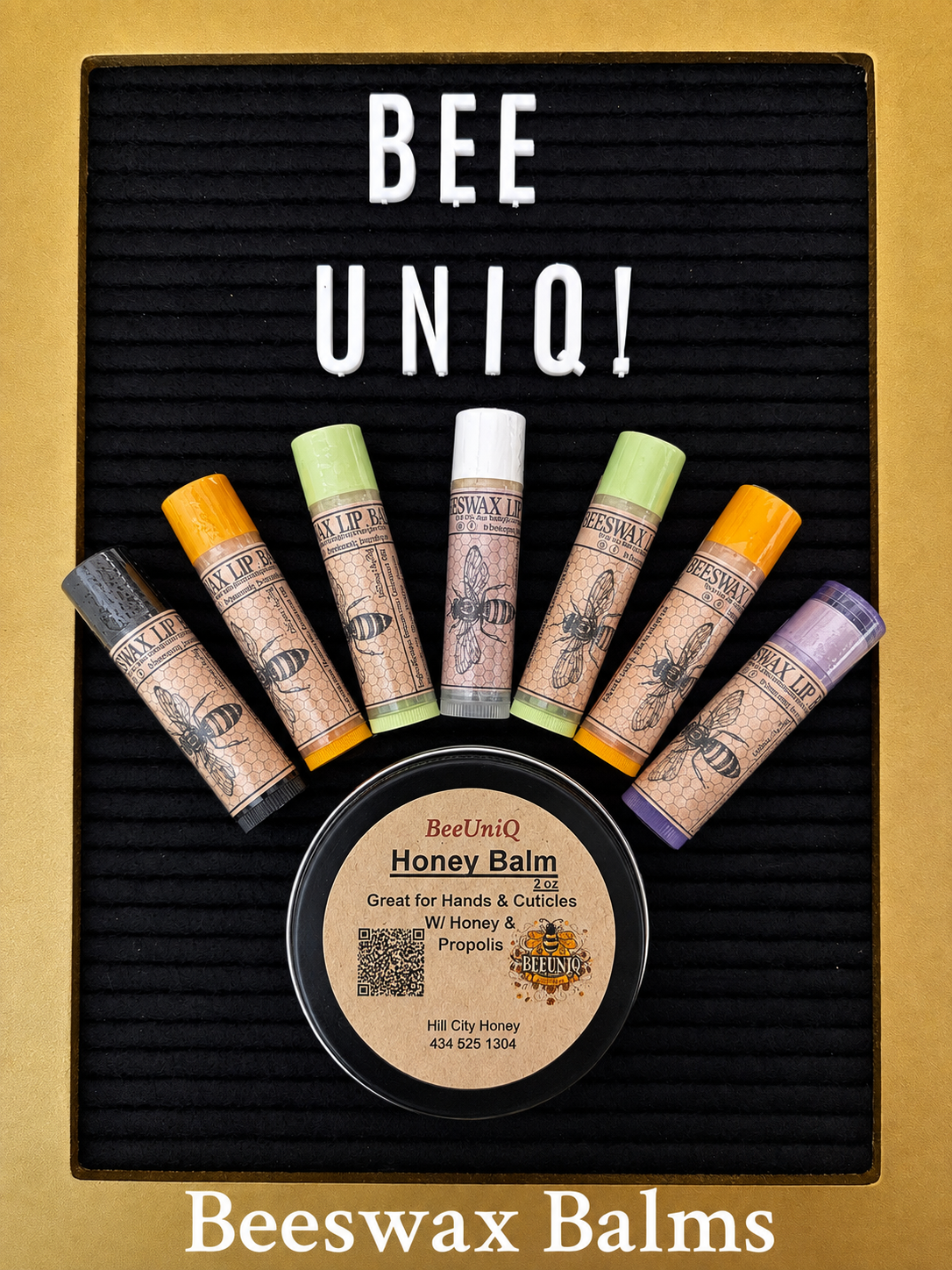 Beeswax lip balm variety and a honey salve with propolis for rough skin. 