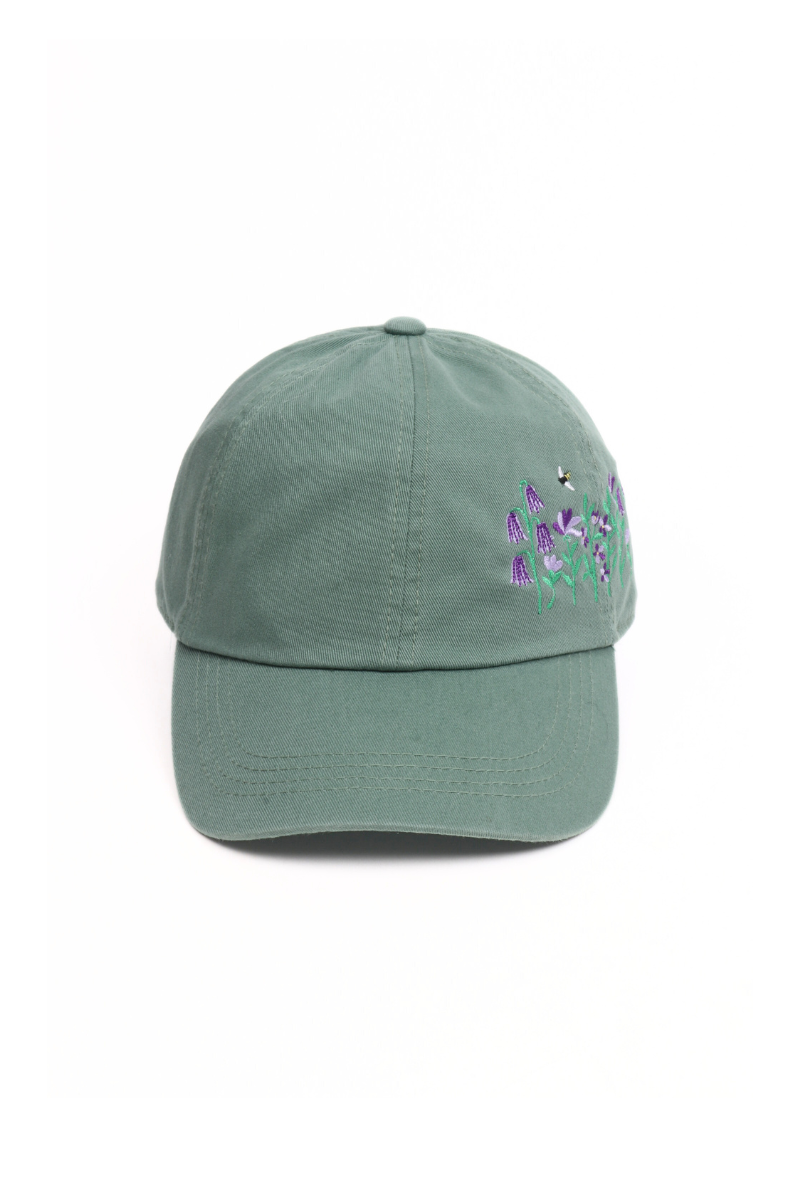 FLOWERS with Bee Side Embroidered Baseball Cap: Sage
