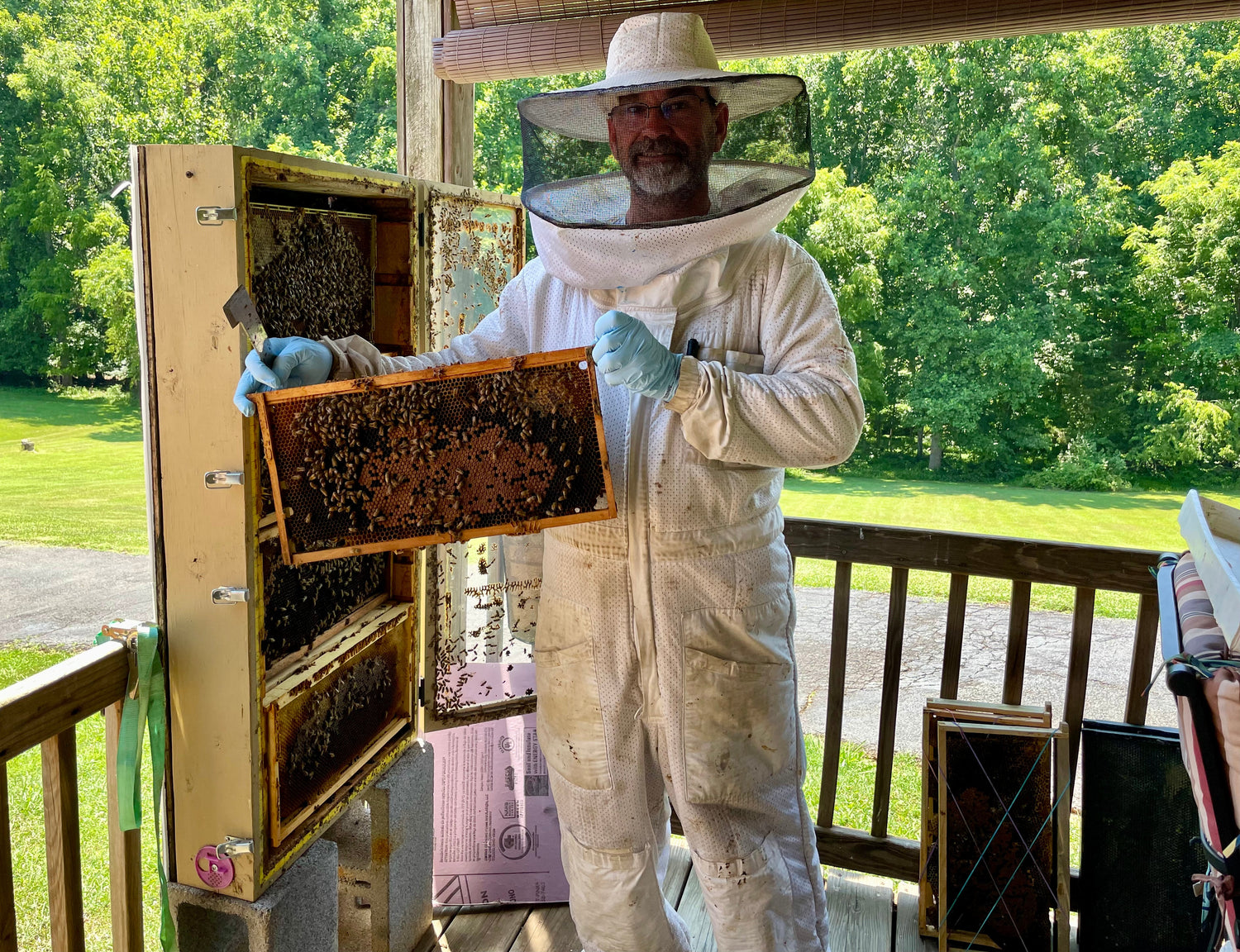 Observation hive on deck with beekeeper.