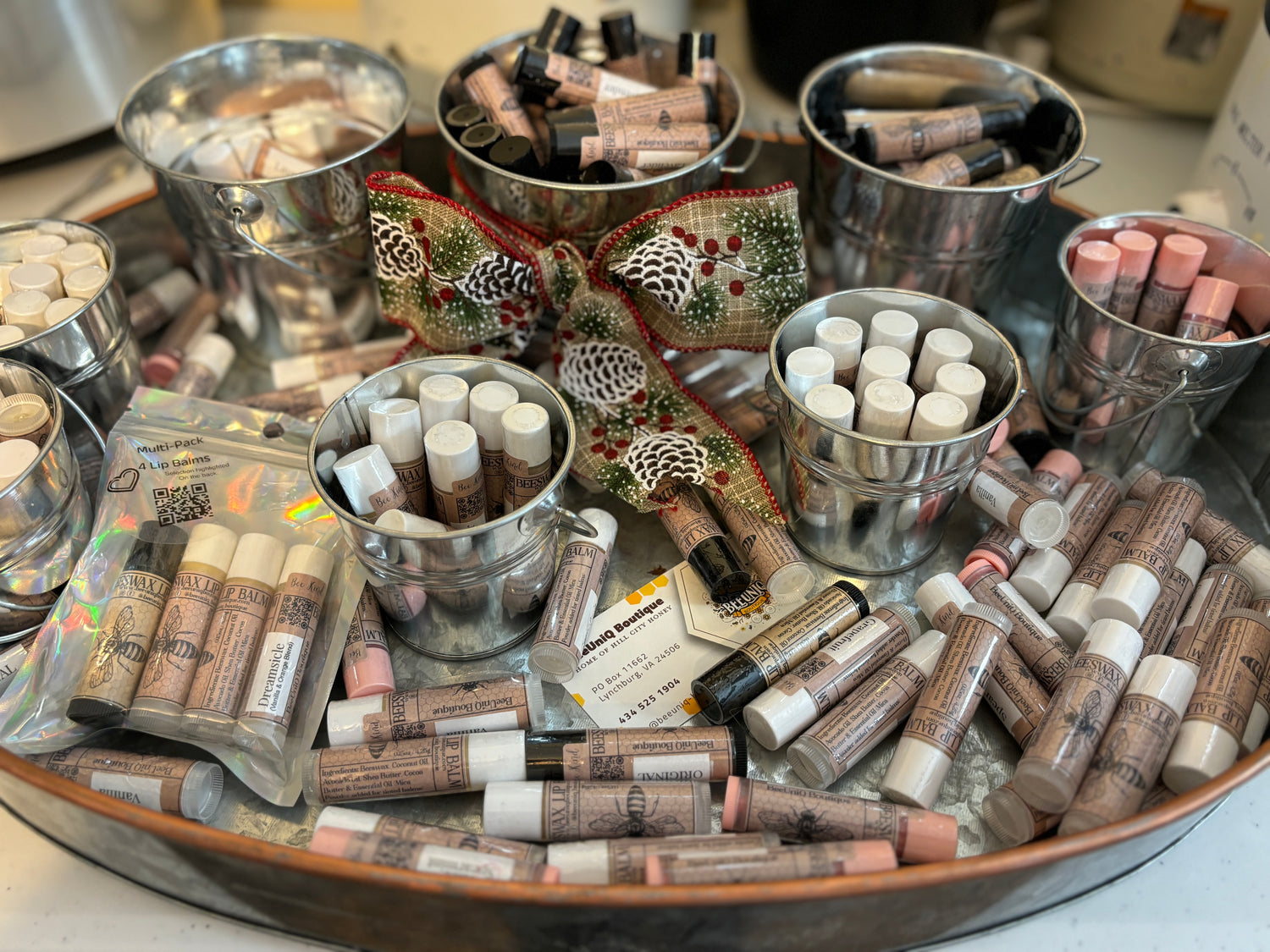 A tray of lip balm varieties. 