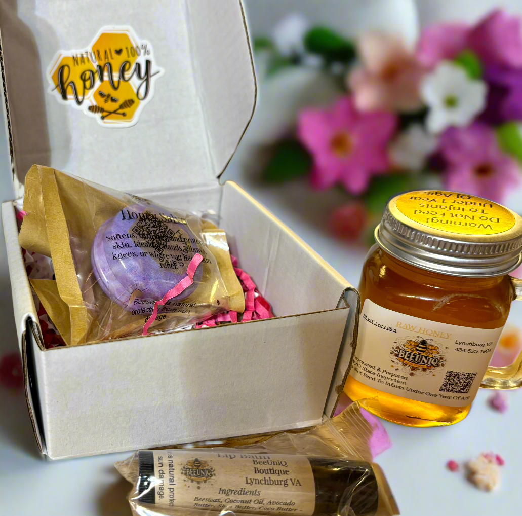 Small gift box of honey, lip balm, and salve.