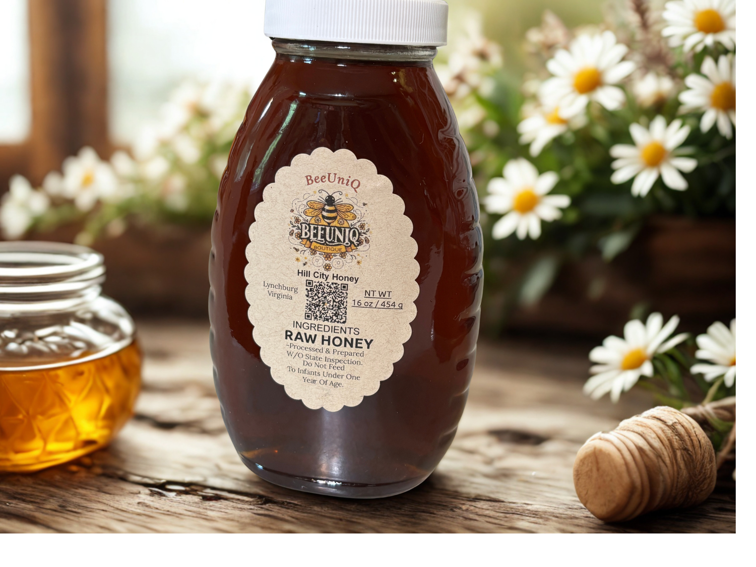 A glass bottle of honey from BeeUniQ, originally Hill City Honey. 