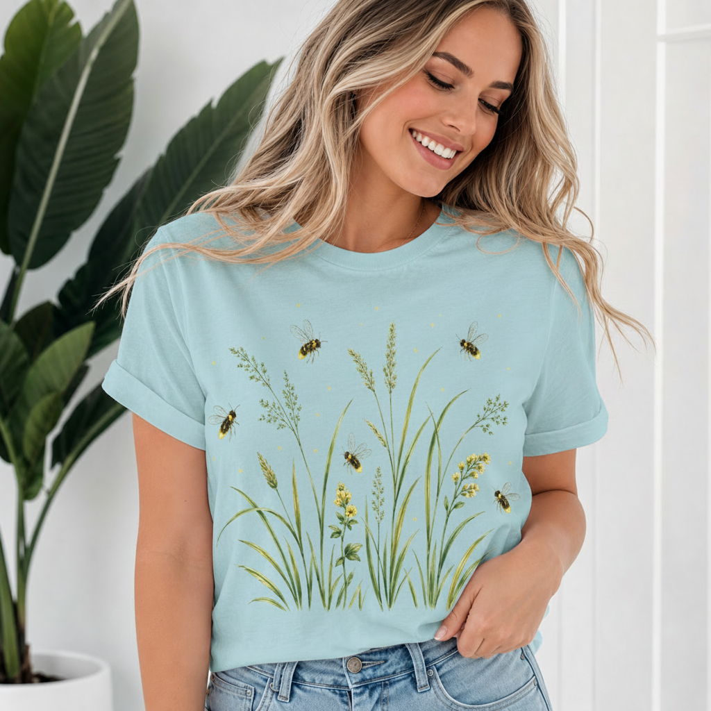 lady wearing a bee tee shirt