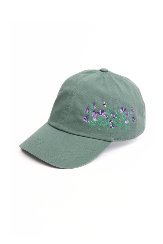 Sage green cotton cap with flowers and bee.
