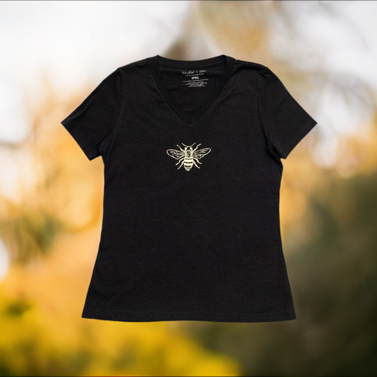 V neck ladies black tee shirt with yellow bee.