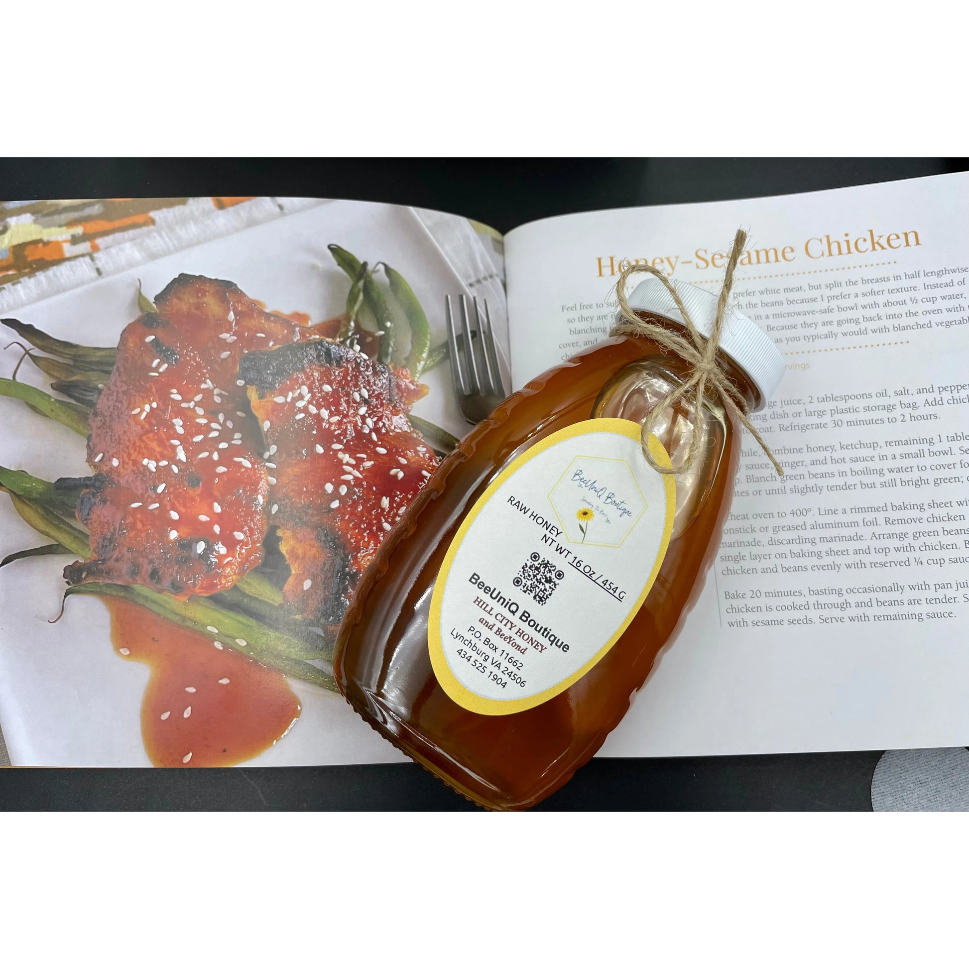Honey bottle on page with a recipe.